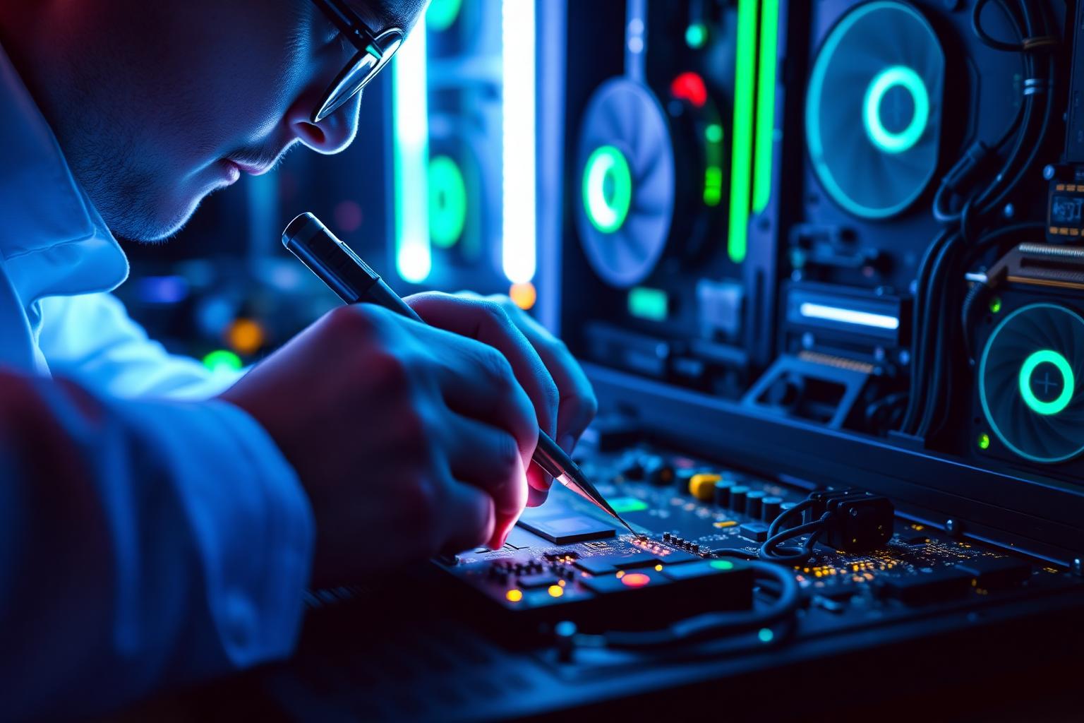 Técnico reparando una placa madre de computador